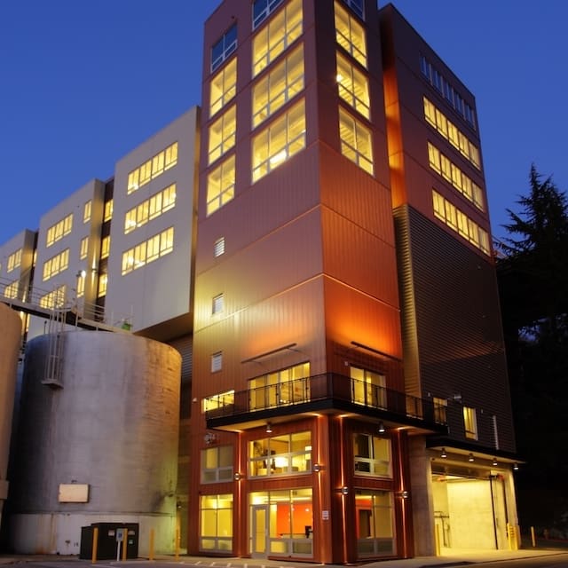 cascade building at night